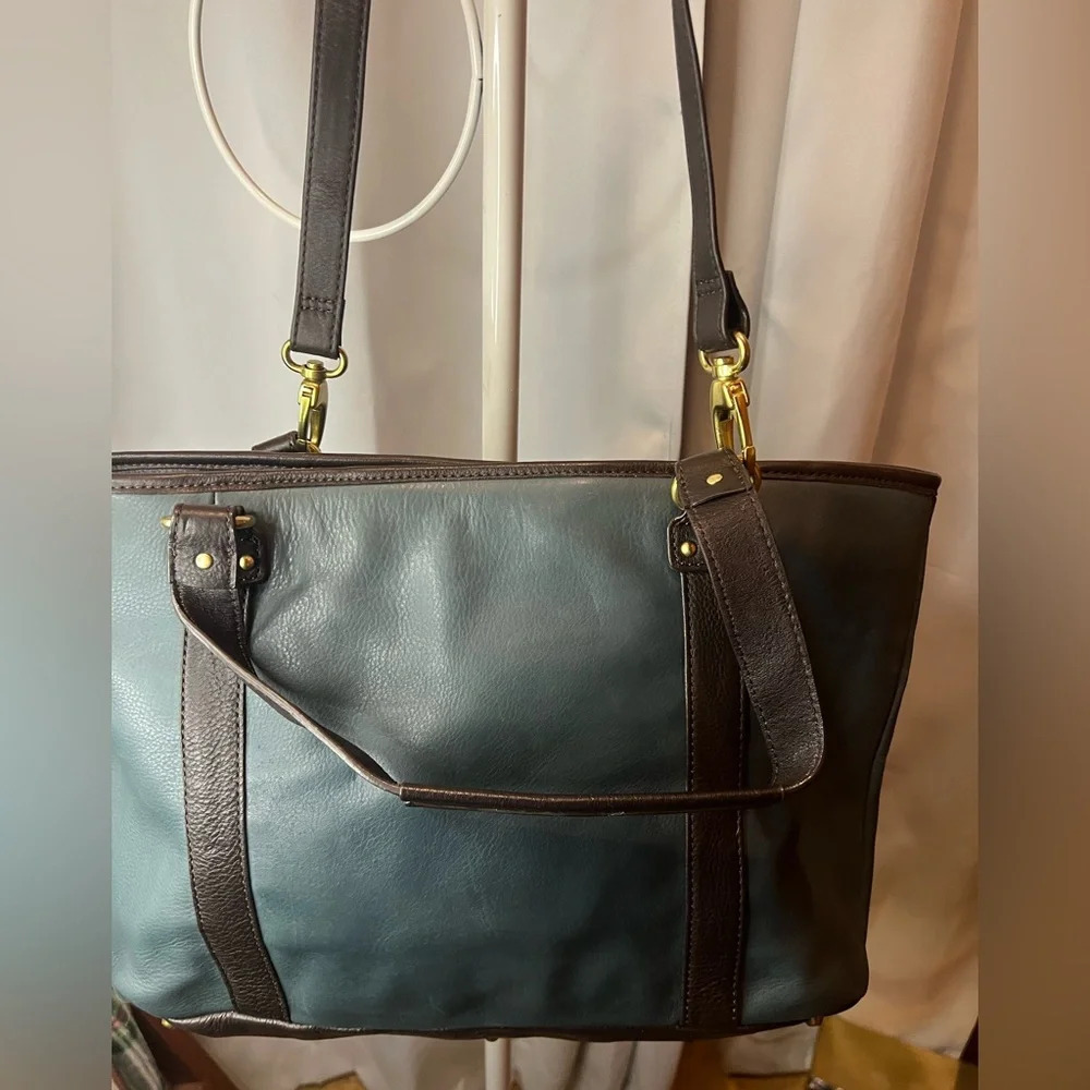 Stone Mountain Large Leather Shoulder Bag Green with brown Trim - Picture 2 of 11